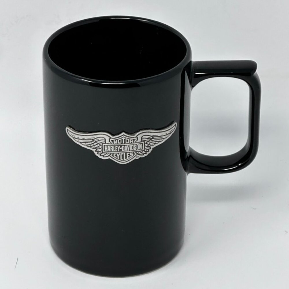 Harley Davidson Coffee Mug w/ Raised Shield & Wings Black Tall Cup #0522